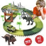 HOMOFY Dinosaur Toys 142 Pcs Flexible Car Race Tracks with 2 Dinosaurs 2,1 Military Vehicles,4 Trees,2 Slopes,1 Double-door and 1 Hanging Bridge Toddler Toys for 2 3 4 5 Years Old Boys and Girls