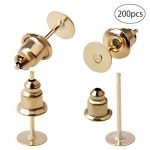 nuoshen 200pcs Stainless Steel Earrings Posts Flat Pad, 100 Pieces Earrings Post with 100 pcs Butterfly Earring Backs for Earring Making Findings(Gold)